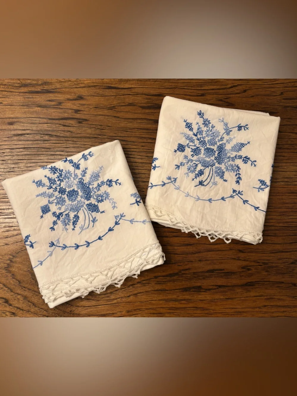 Pair Vintage Hand Embroidered Cotton Pillowcases Blue Floral Cottage Heirloom
